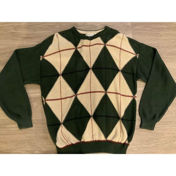 Claiborne Green Argyle Pattern Pullover Crewneck Cotton Sweater Size Large - Picture 1 of 9